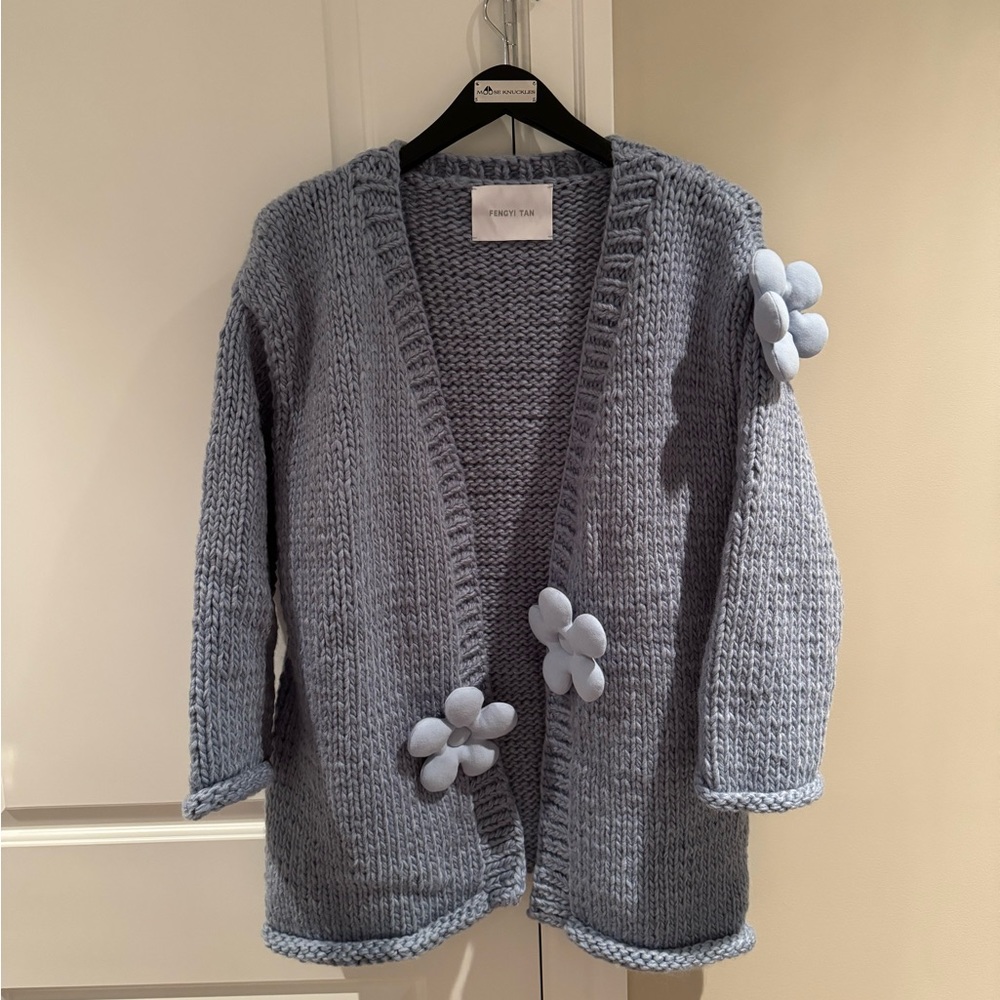 Fengyi Tan Blue Crochet Flower Cardigan